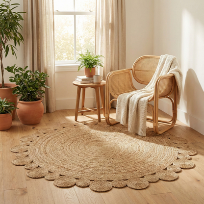 Alfombra Redonda de Yute Natural 150 cm - Diseño Trenzado con Borde de Círculos
