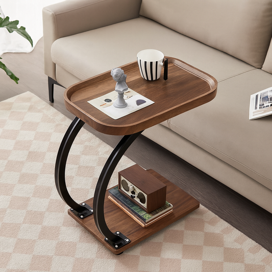 Mesa Auxiliar Tipo C con Ruedas – Diseño Moderno en Madera y Metal