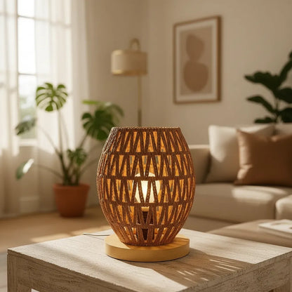 Lámpara de Mesa de Yute Tejida a Mano 25x17 cm – Base de Madera | Estilo Boho