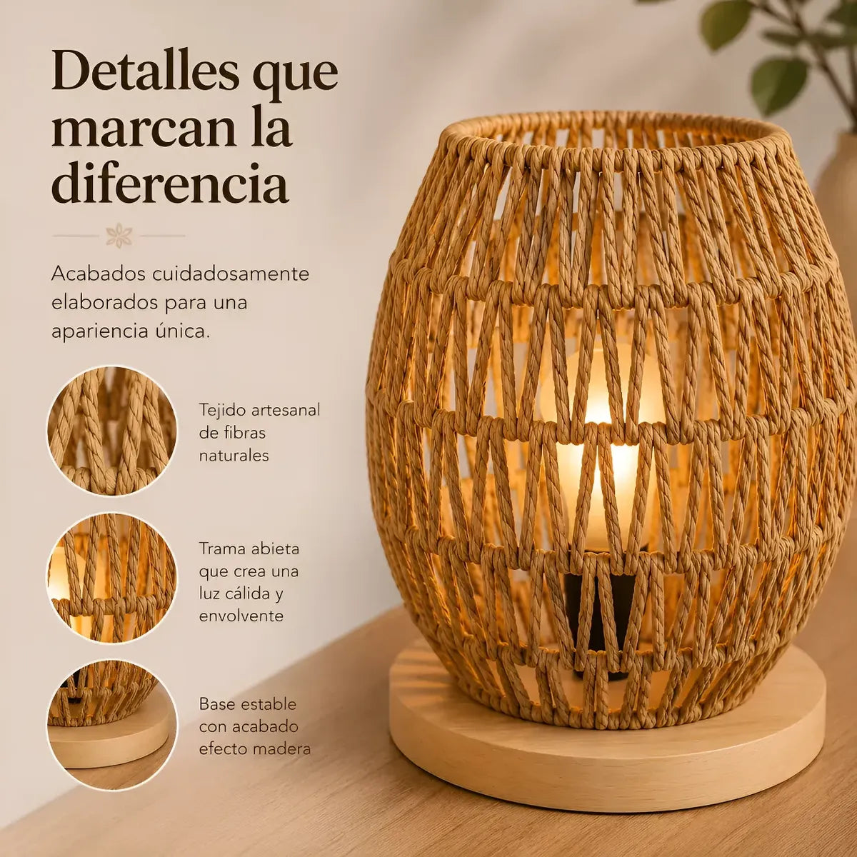 Lámpara de Mesa de Yute Tejida a Mano 25x17 cm – Base de Madera | Estilo Boho