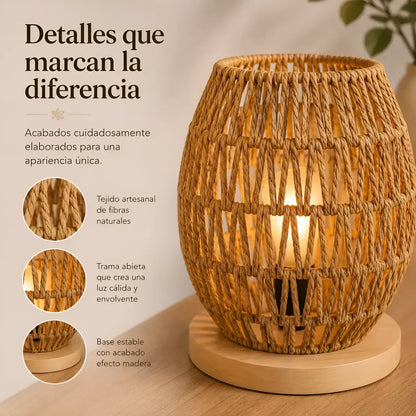 Lámpara de Mesa de Yute Tejida a Mano 25x17 cm – Base de Madera | Estilo Boho