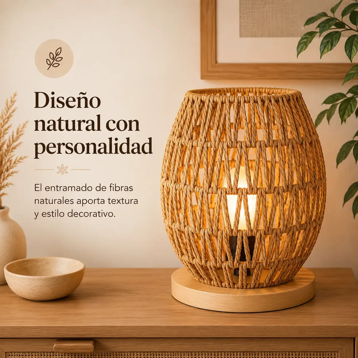 Lámpara de Mesa de Yute Tejida a Mano 25x17 cm – Base de Madera | Estilo Boho