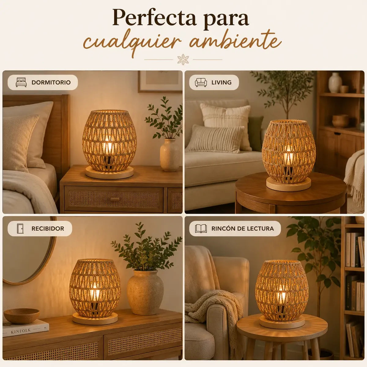 Lámpara de Mesa de Yute Tejida a Mano 25x17 cm – Base de Madera | Estilo Boho