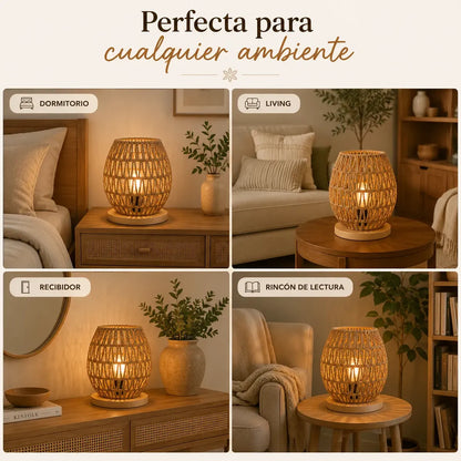 Lámpara de Mesa de Yute Tejida a Mano 25x17 cm – Base de Madera | Estilo Boho