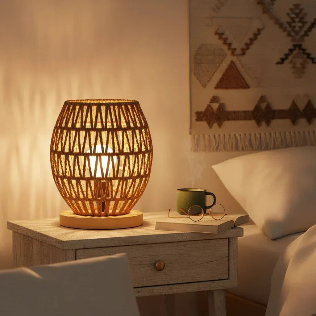 Lámpara de Mesa de Yute Tejida a Mano 25x17 cm – Base de Madera | Estilo Boho