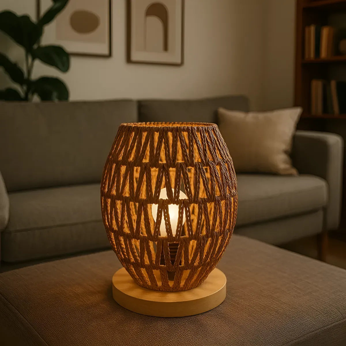 Lámpara de Mesa de Yute Tejida a Mano 25x17 cm – Base de Madera | Estilo Boho