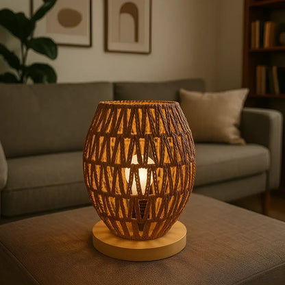 Lámpara de Mesa de Yute Tejida a Mano 25x17 cm – Base de Madera | Estilo Boho