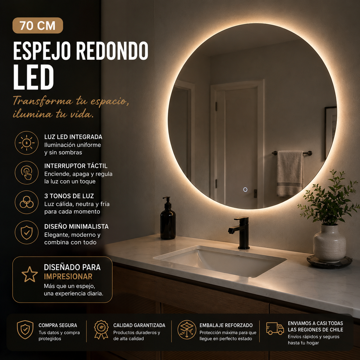 Espejo Redondo LED 70 cm con Pantalla Digital Touch | KB Home