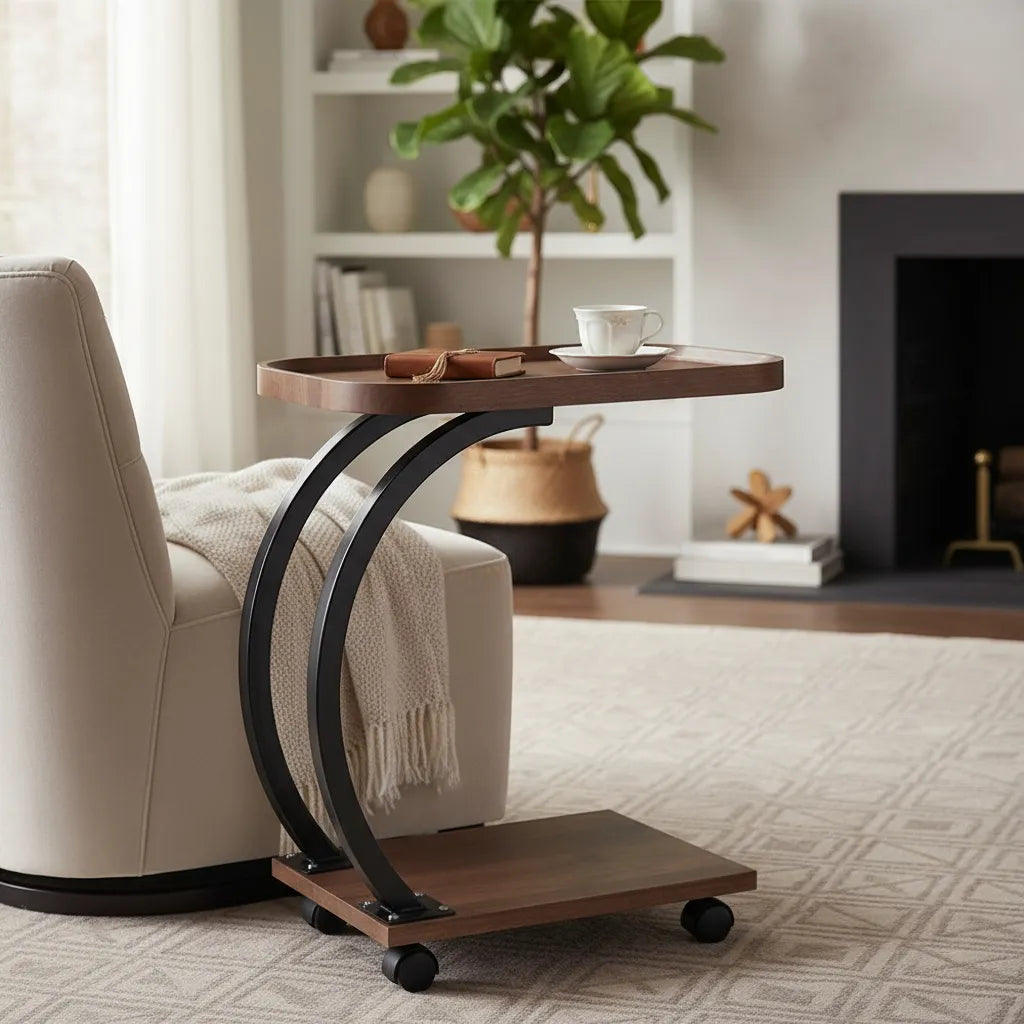 Mesa Auxiliar Tipo C con Ruedas – Diseño Moderno en Madera y Metal