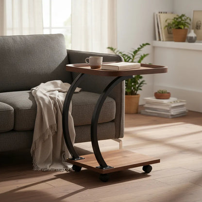 Mesa Auxiliar Tipo C con Ruedas – Diseño Moderno en Madera y Metal