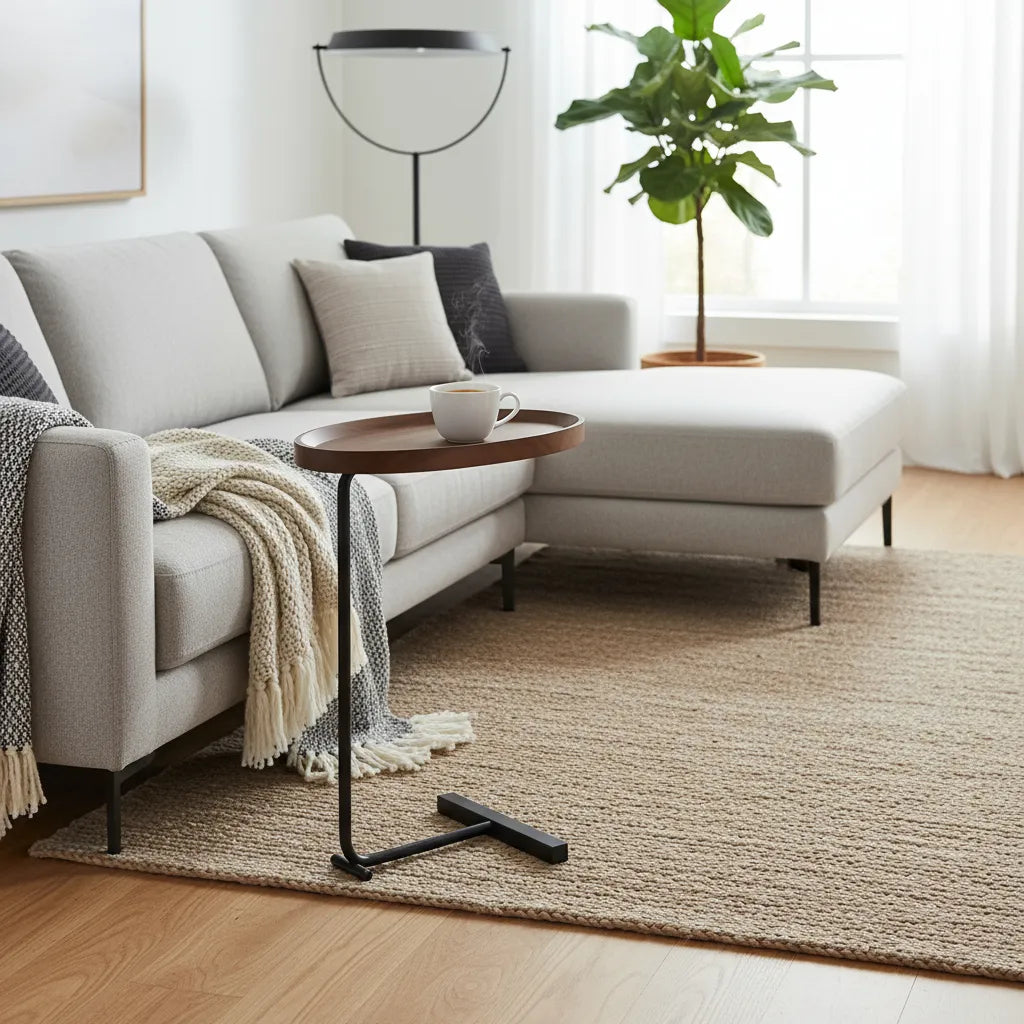 Mesa Auxiliar Tipo C Ovalada de Madera y Metal – Diseño Moderno y Funcional