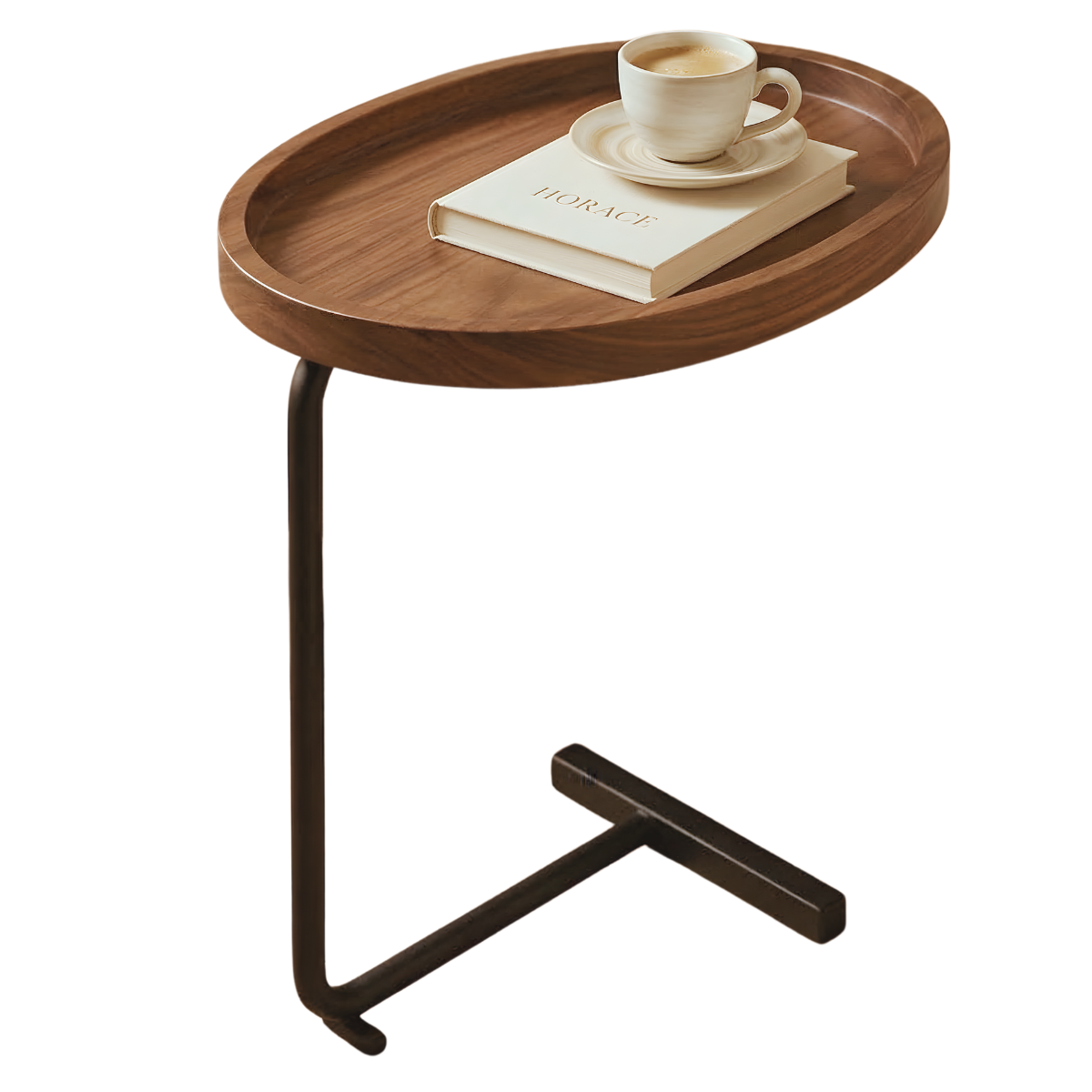 Mesa Auxiliar Tipo C – Madera Nogal y Metal Negro | Moderna Industrial