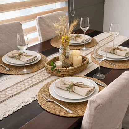 Set Camino de Mesa 180x36 cm + 4 Individuales Redondos 40 cm – Yute Natural Estilo Boho - KB Home
