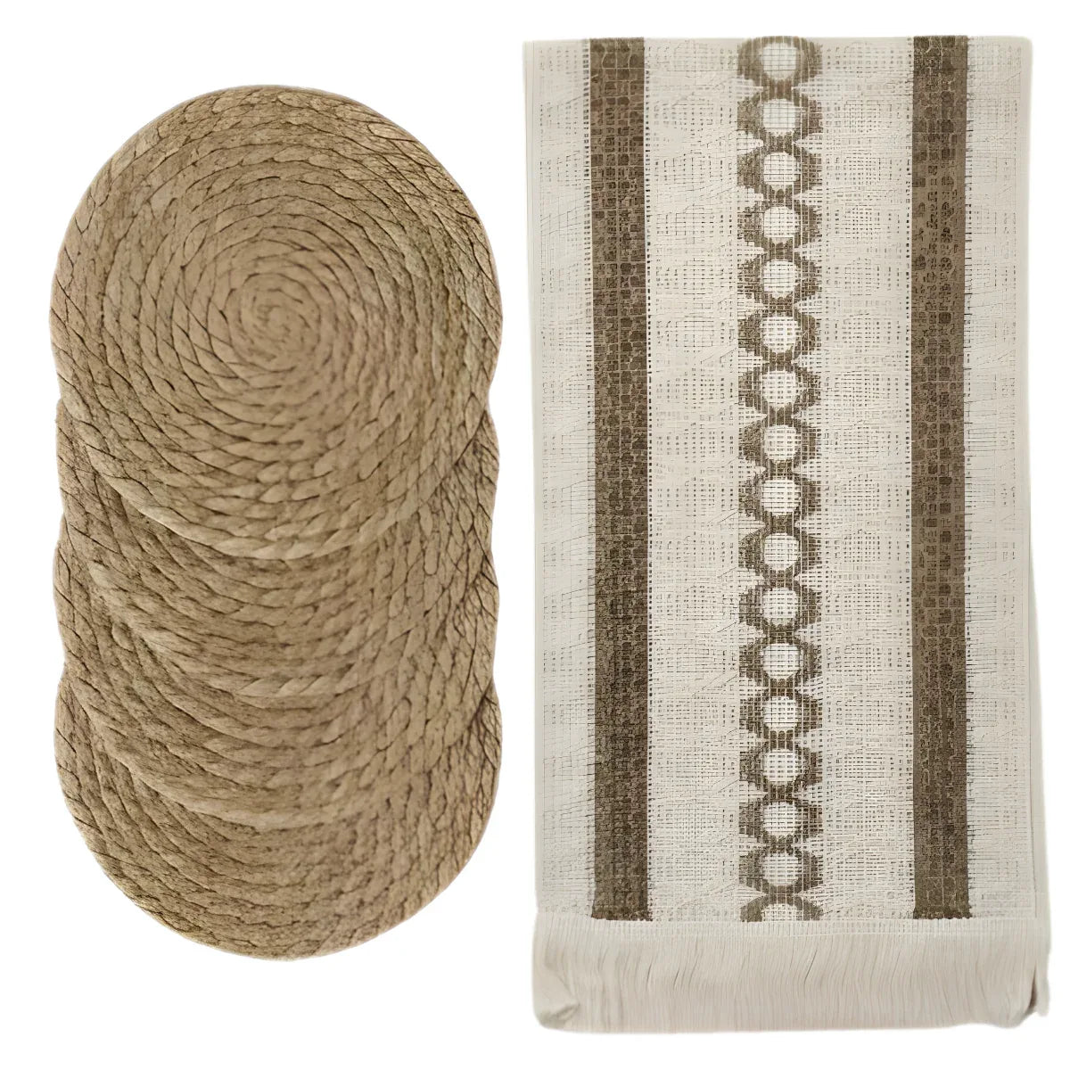 Set Camino de Mesa 180x36 cm + 4 Individuales Redondos 40 cm – Yute Natural Estilo Boho - KB Home