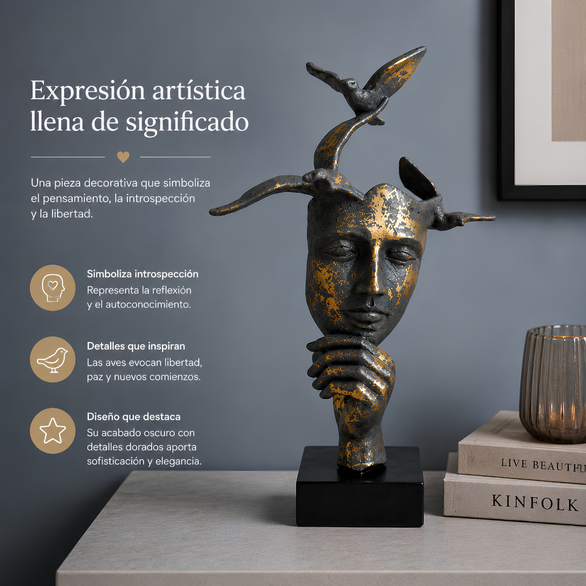 Escultura Decorativa Rostro con Pájaros 30x20 cm – “Pensamiento Libre” | Arte Boho