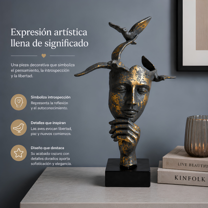 Escultura Decorativa Rostro con Pájaros 30x20 cm – “Pensamiento Libre” | Arte Boho