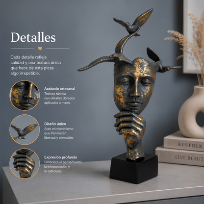 Escultura Decorativa Rostro con Pájaros 30x20 cm – “Pensamiento Libre” | Arte Boho