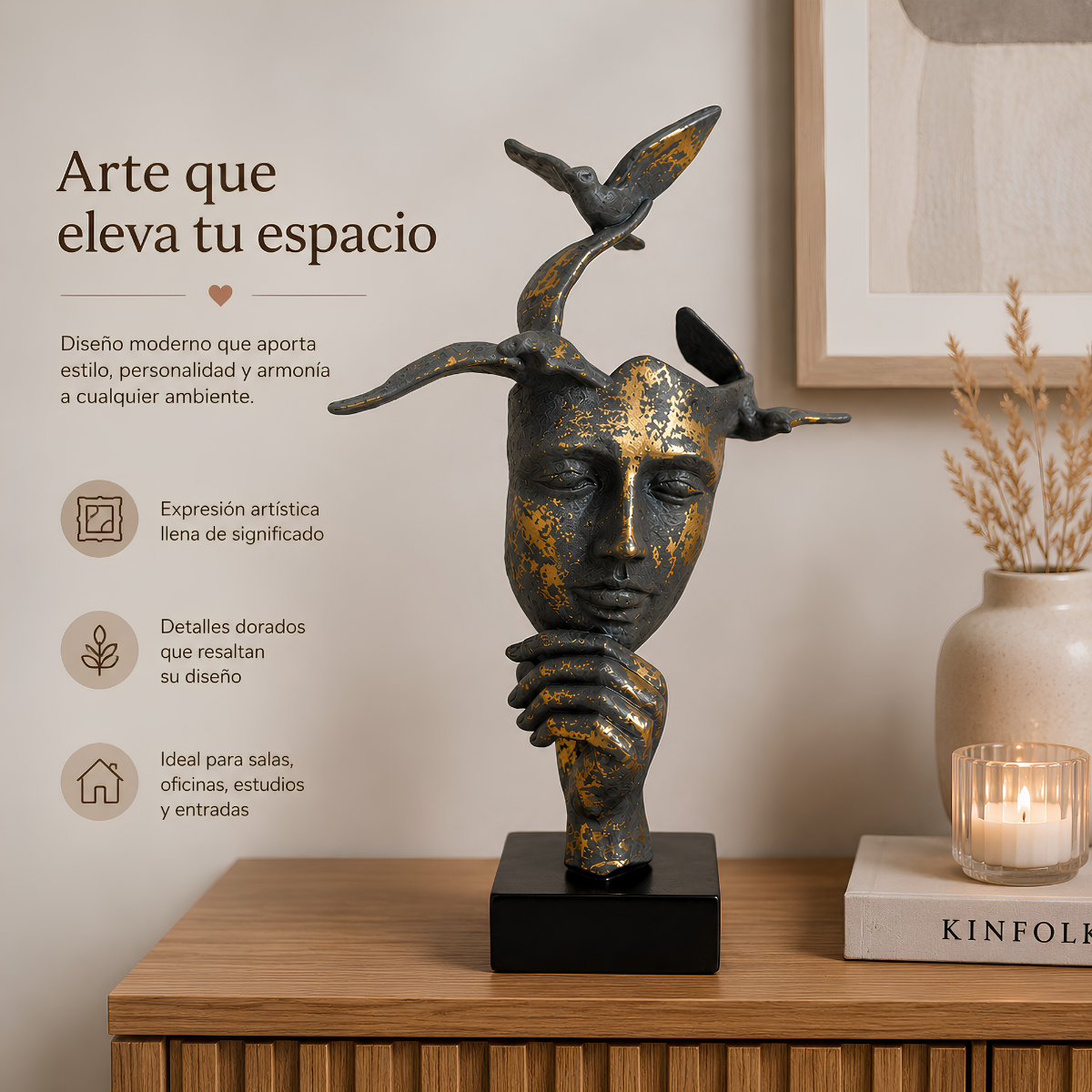 Escultura Decorativa Rostro con Pájaros 30x20 cm – “Pensamiento Libre” | Arte Boho