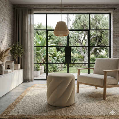 Puff Bouclé Beige Diseño Espiral | Estilo Moderno