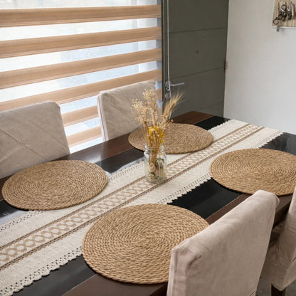 Set Camino de Mesa 180x36 cm + 4 Individuales Redondos 40 cm – Yute Natural Estilo Boho - KB Home