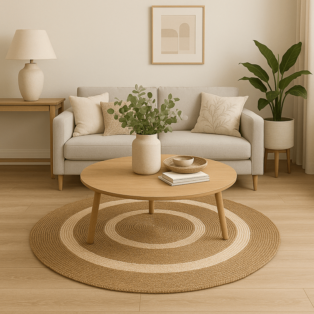 Alfombra Redonda de Yute Natural con Diseño de Aros Concéntricos – Estilo Boho Chic - KB Home