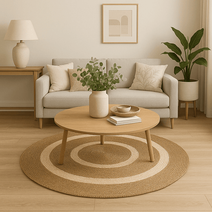 Alfombra Redonda de Yute Natural con Diseño de Aros Concéntricos – Estilo Boho Chic - KB Home