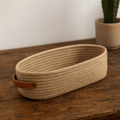 Canasto Organizador de Cuerda con Asa de Cuero - KB Home