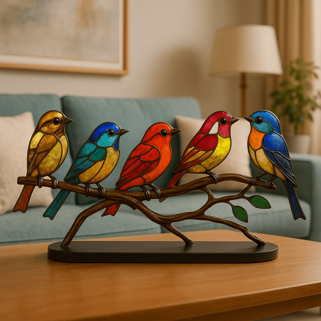 Escultura Decorativa Pájaros de Colores en Vidrio Tiffany sobre Rama - KB Home