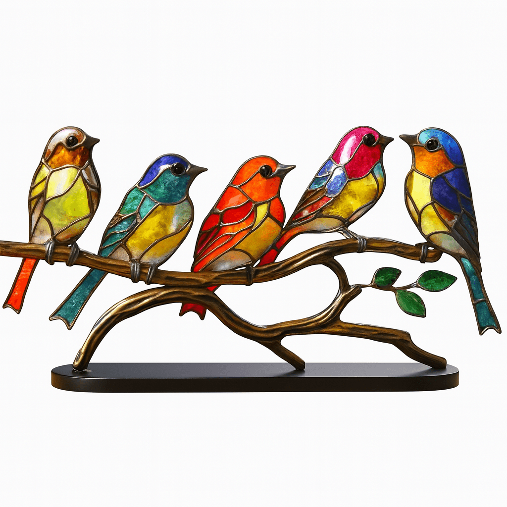 Escultura Decorativa Pájaros de Colores en Vidrio Tiffany sobre Rama - KB Home