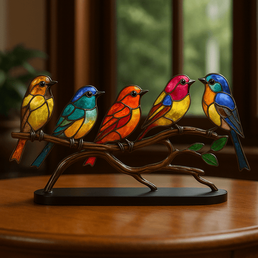Escultura Decorativa Pájaros de Colores en Vidrio Tiffany sobre Rama - KB Home