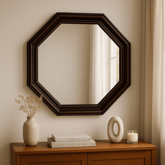 Espejo Decorativo Octagonal con Marco de Madera Oscura y Detalles Dorados - KB Home