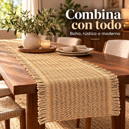 Camino de mesa de yute natural 180 x 30 cm con flecos