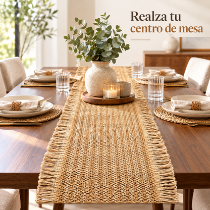Camino de mesa de yute natural 180 x 30 cm con flecos