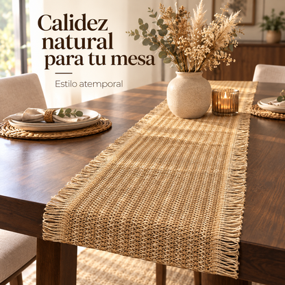 Camino de mesa de yute natural 180 x 30 cm con flecos