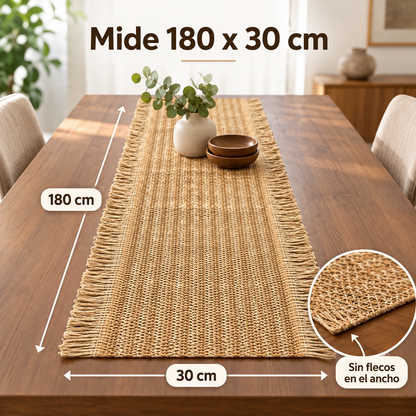 Camino de mesa de yute natural 180 x 30 cm con flecos