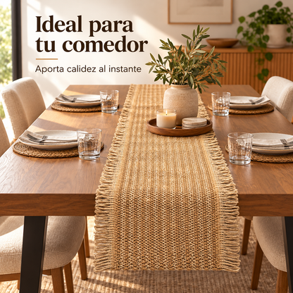 Camino de mesa de yute natural 180 x 30 cm con flecos