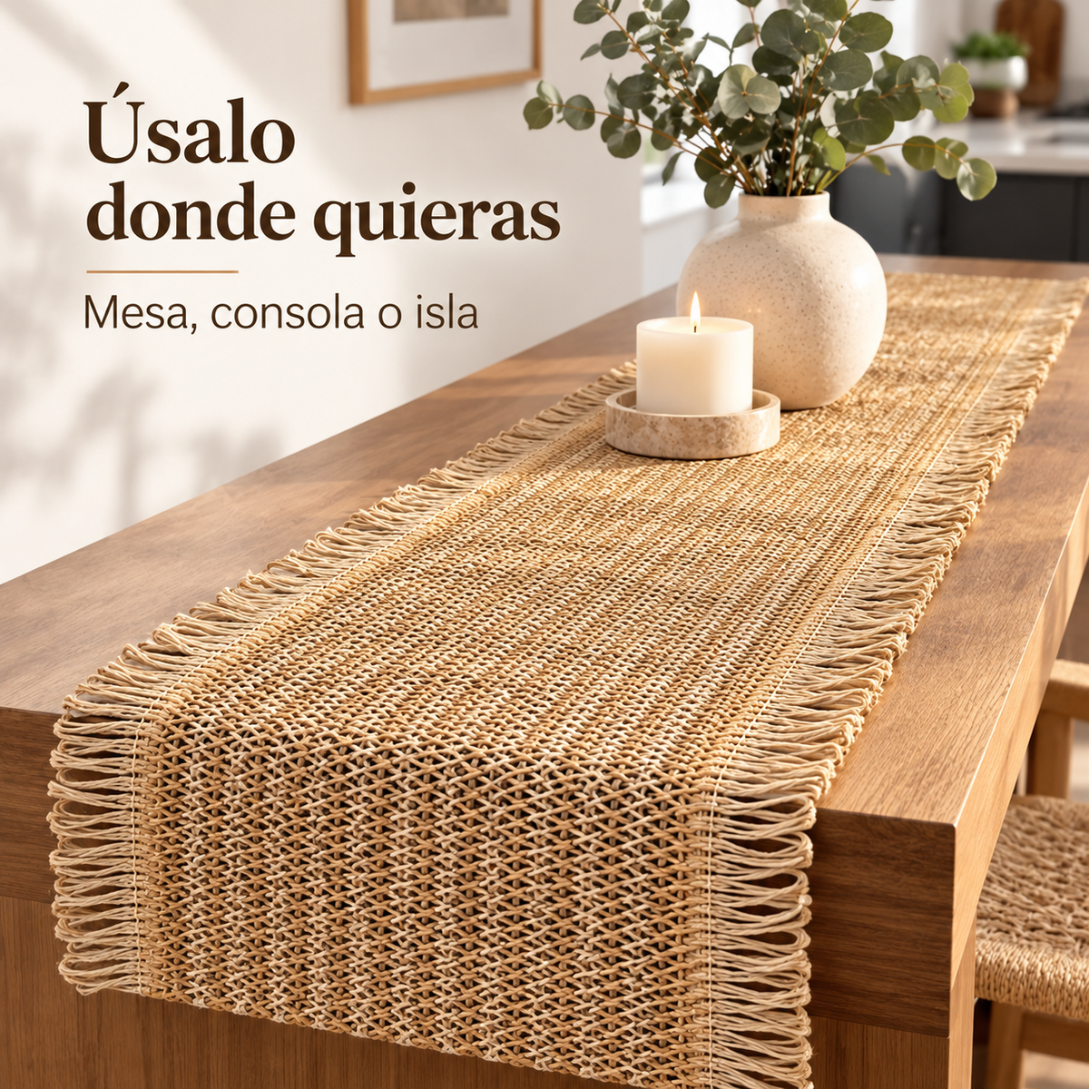 Camino de mesa de yute natural 180 x 30 cm con flecos