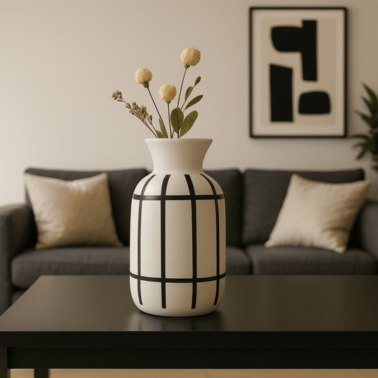 Jarrón de Cerámica Blanca con Líneas Negras - KB Home