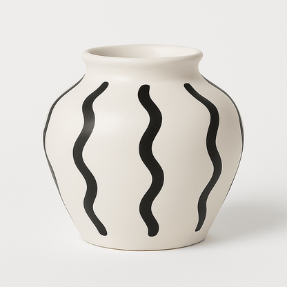 Jarrón Decorativo de Cerámica Blanca con Ondas Negras - KB Home