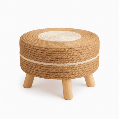 Puff Redondo de Yute Natural con Patas de Madera – Asiento Decorativo Boho - KB Home